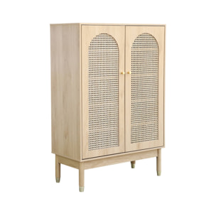 Meuble à chaussures / Petit buffet 2 portes cannage JUDITH. 20 paires de chaussures. 4 étagères. pieds en bois d'hévéa avec caps finition dorée.