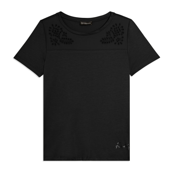 T-shirt in Jersey con Ricami Floreali