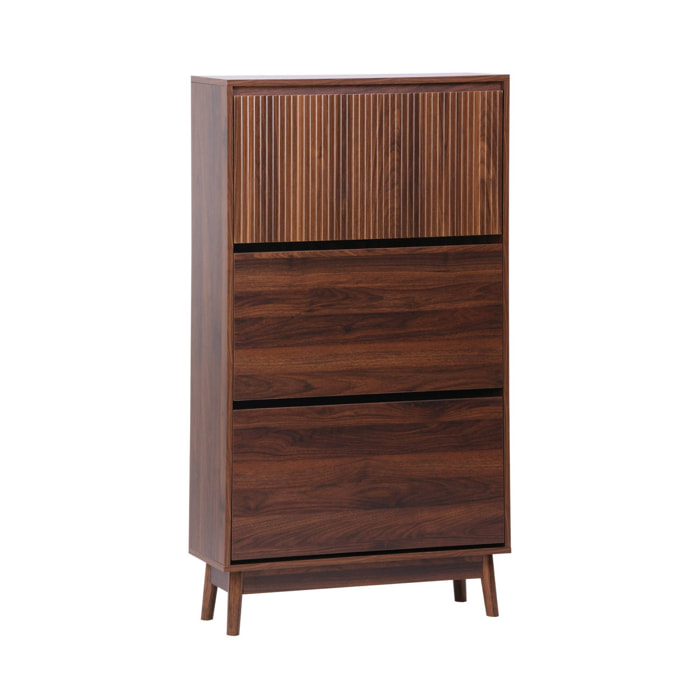 Meuble à chaussures scandinave décor bois noyer 3 portes abattantes capacité 18 paires de chaussures