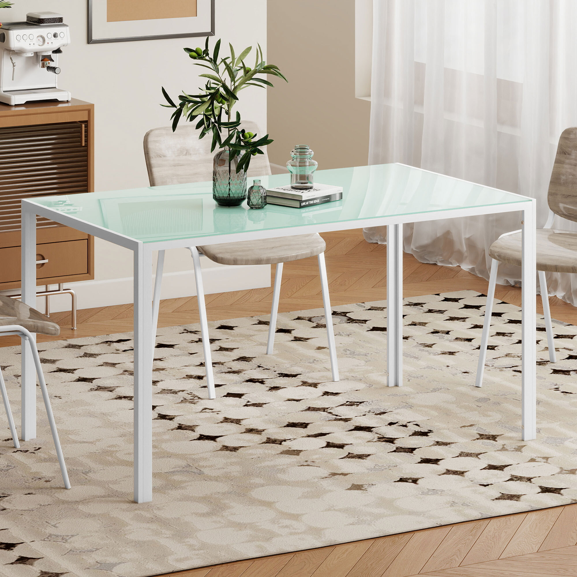 Mesa de Comedor de Cristal, Mesa Rectangular para 6 Personas con Patas de Metal, para Cocina, Salón, 140x80x75 cm, Blanco