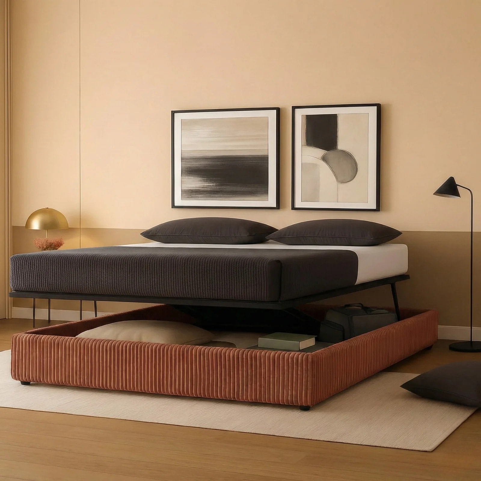 Lit coffre Parallèle | 3 Positions : Stocker, Faire Le lit, Repos | Espace de stockage jusqu'à 900 L | Velours côtelé | Terracotta