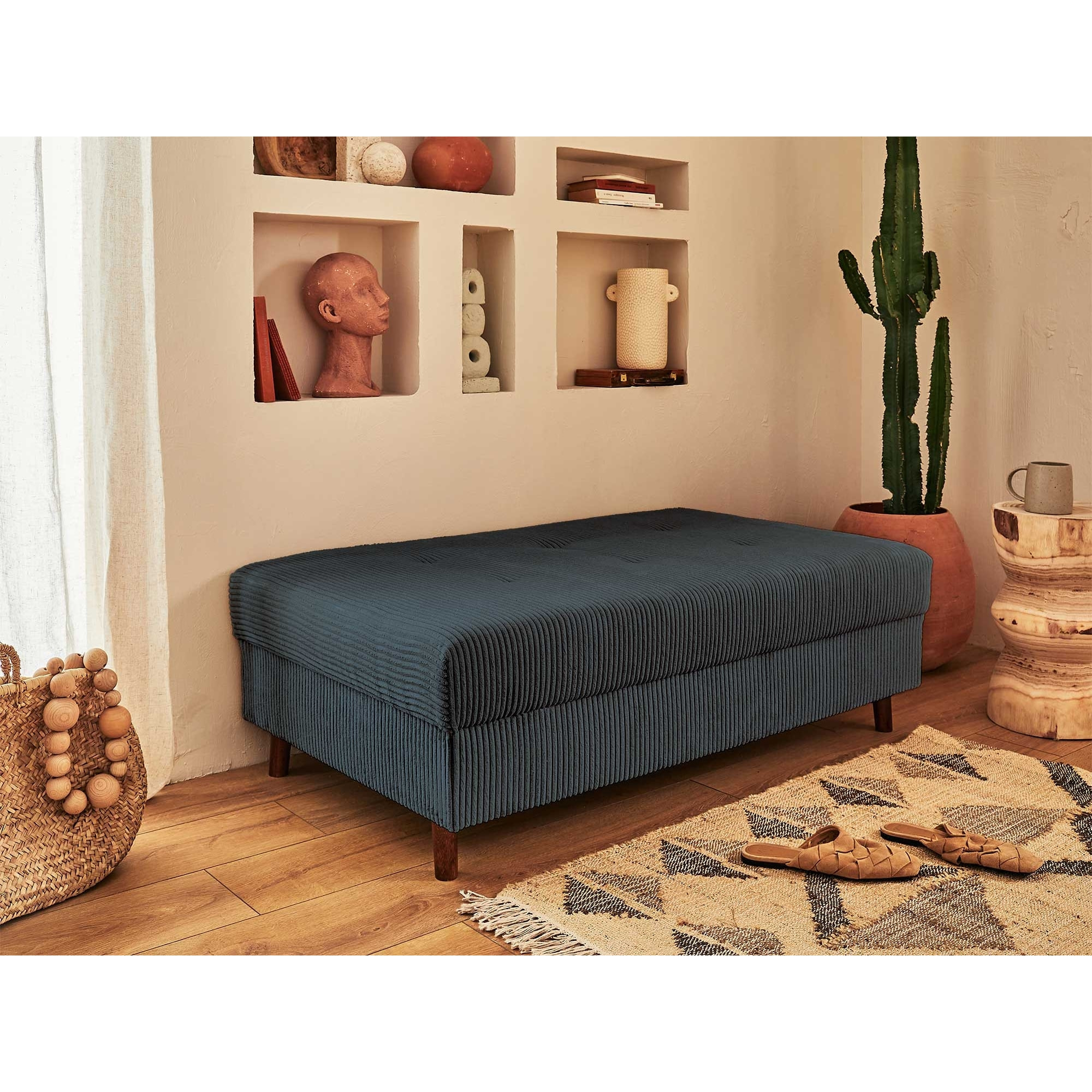 Rune - canapé d'angle gauche - 4 places - avec pouf d'appoint - en velours côtelé - Bleu nuit