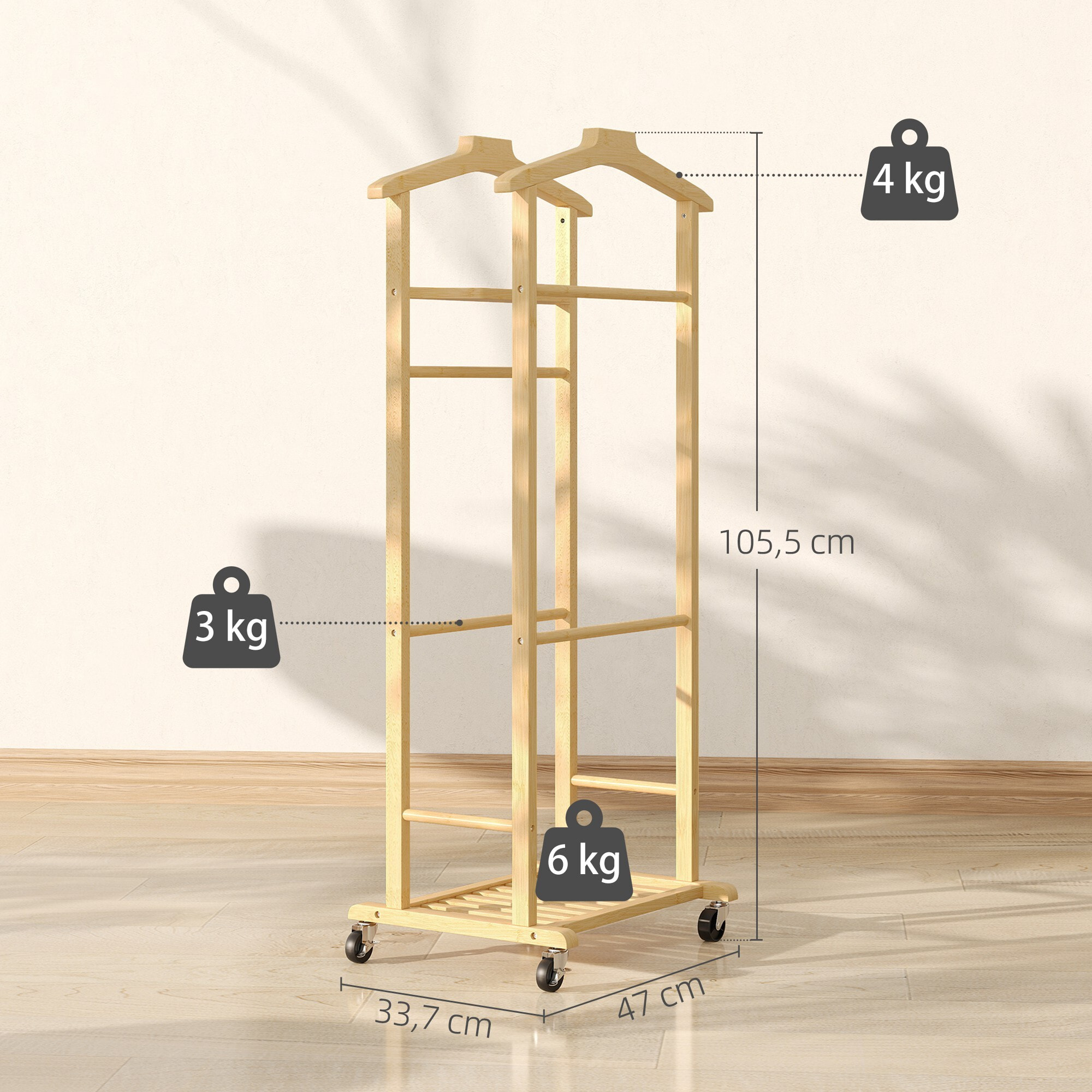 Galán de Noche de Bambú, Perchero con Ruedas, Colgadores de Ropa, Barras para Pantalones, Bandeja y Zapatero, Perchero Burro para Dormitorio, Pasillo, 47x33,7x105,5 cm, Natural