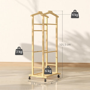 Galán de Noche de Bambú, Perchero con Ruedas, Colgadores de Ropa, Barras para Pantalones, Bandeja y Zapatero, Perchero Burro para Dormitorio, Pasillo, 47x33,7x105,5 cm, Natural