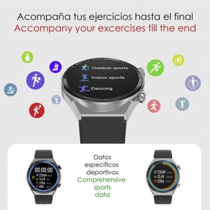 Smartwatch DT3 Mate con notificaciones, pantalla dividida, modos multideportivos y monitor cardíaco. Incluye correas de metal y silicona.