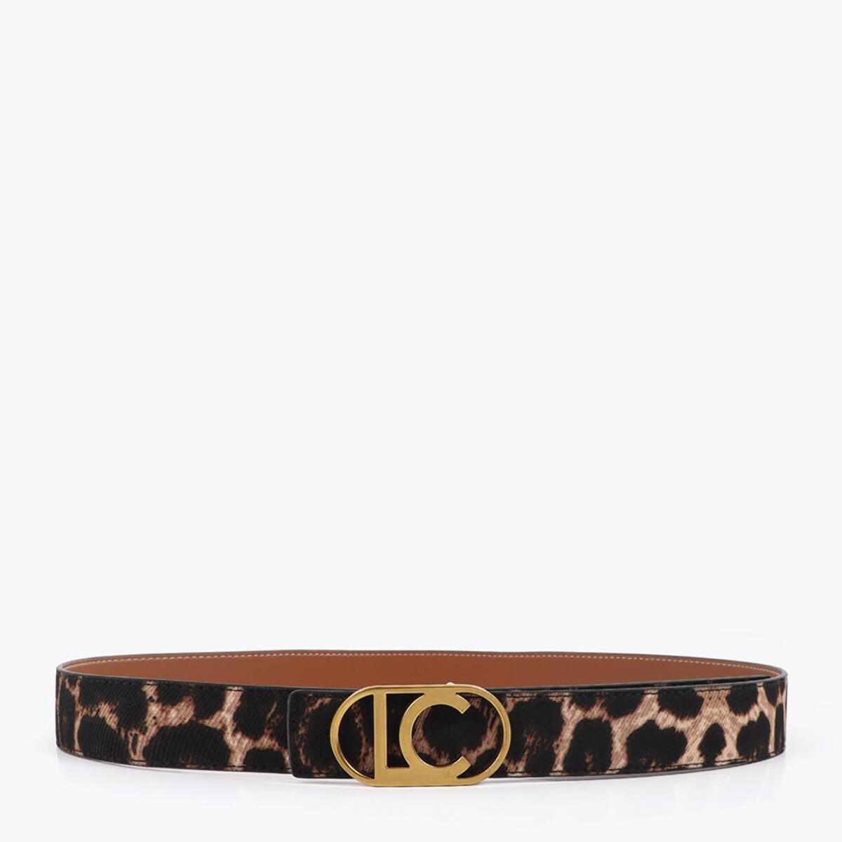 Cintura reversibile con stampa animalier e fibbia ovale con logo