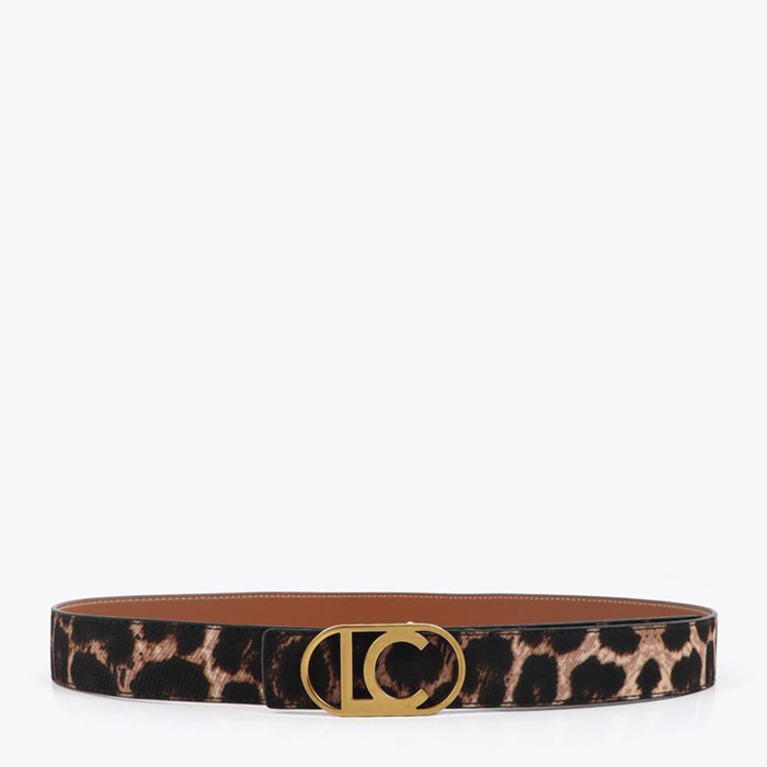 Cintura reversibile con stampa animalier e fibbia ovale con logo