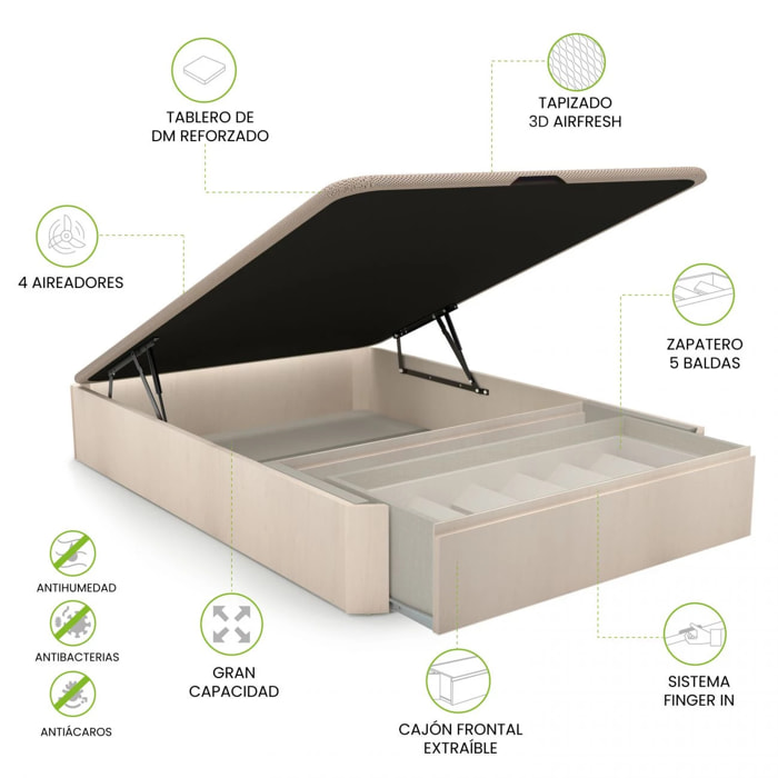 Canapé con cajón frontal con zapatero 135x190 cm en artic Luxury Premium 3D Artic