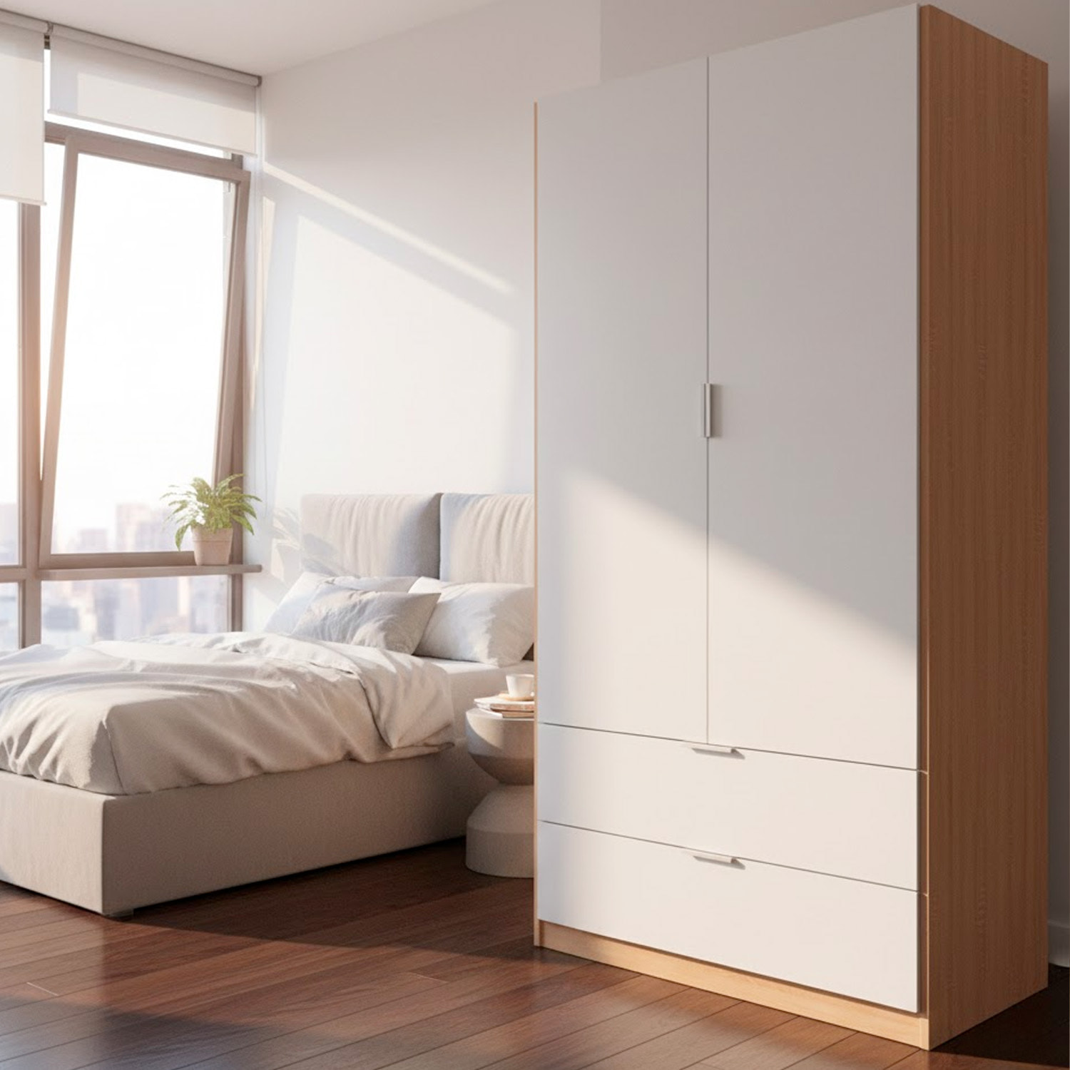 Armadio Guardaroba Con 2 Ante Battenti Asta Appendiabiti E 2 Cassetti Design Moderno Stile Nordico 80 x 52 x 180 Cm Bianco e Rovere
