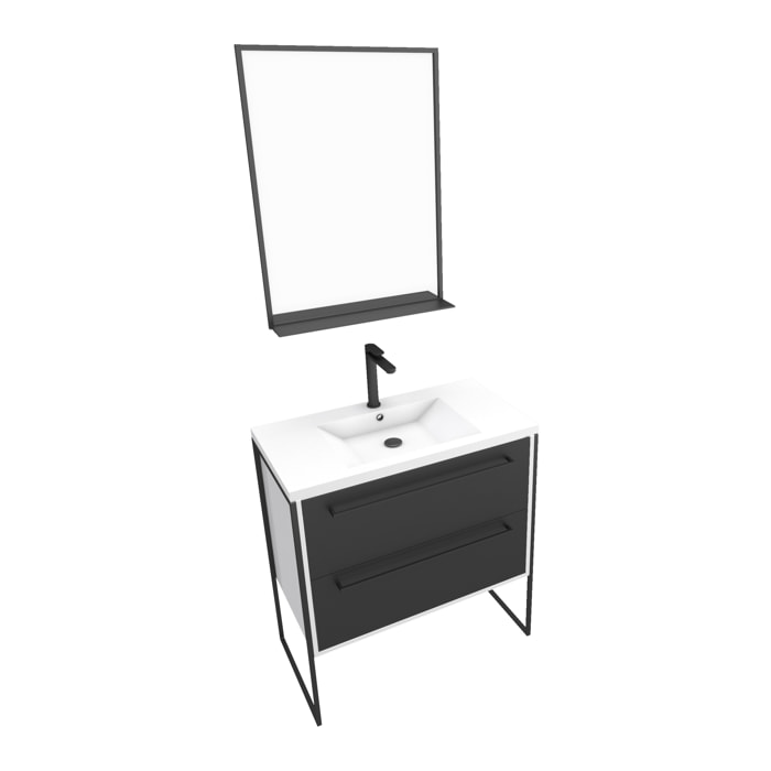 Pack meuble de salle de bain 80x50 Blanc - 2 tiroirs + vasque resine blanche + miroir noir mat