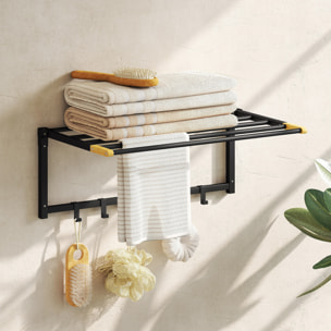 Toallero de Baño de Pared, Toallero Plegable con 5 Barras y 6 Ganchos, para Toallas, Baño, 60 cm, Negro