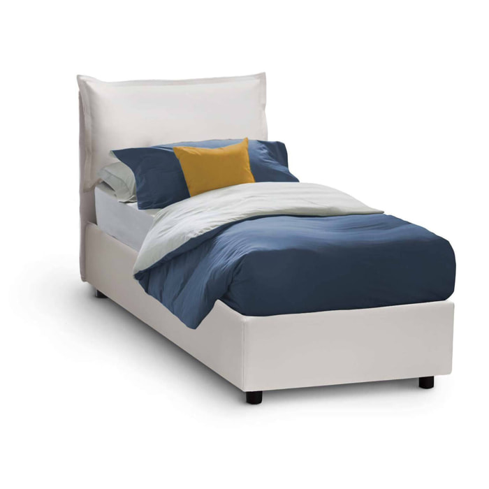 Letto singolo Delhi, Letto contenitore con rivestimento in ecopelle, 100% Made in Italy, Apertura frontale, con materasso Cm 80x200 incluso, Bianco
