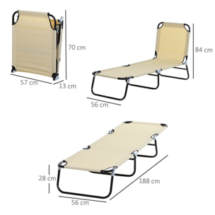 Tumbona Plegable Reclinable con Ángulo Ajustable de 5 Posiciones para Jardín Exterior Piscina Terraza Camping Carga 120 kg 188x56x28 cm Beige