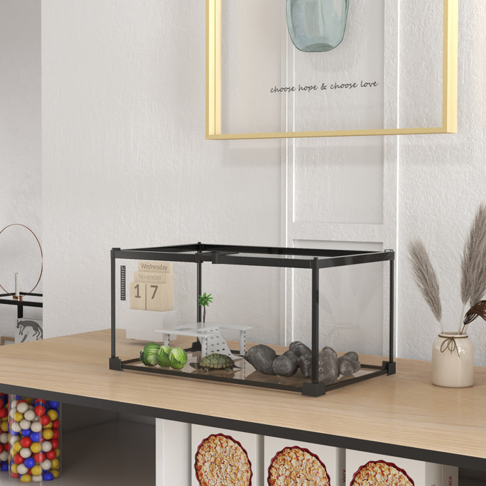 Tanque de Tortugas de Agua, Acuario para Tortugas Pequeñas de Vidrio Templado, Termómetro, Plataforma de Tomar el Sol, Tapa de Malla, Terrario para Lagartos, Ranas Cornudas, Serpientes, Arañas