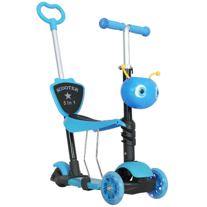 Trottinette pour enfants trottinette 3 roues évolutive 3 en 1 hauteur guidon réglable canne telescopique selle dossier amovible bleu