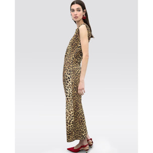 Abito midi aderente con drappeggio in stampa animalier