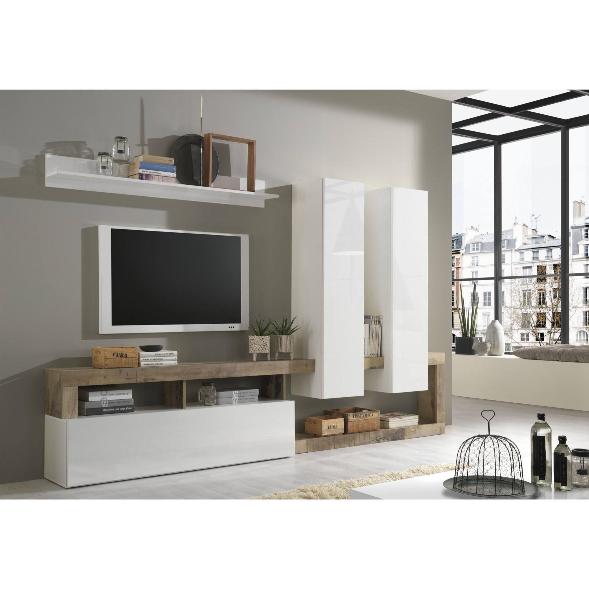 Parete attrezzata da salotto, Mobile porta TV con base, 2 pensili e 1 mensola, Soggiorno moderno, Made in Italy, cm 277x35xh173, colore Bianco e Pero