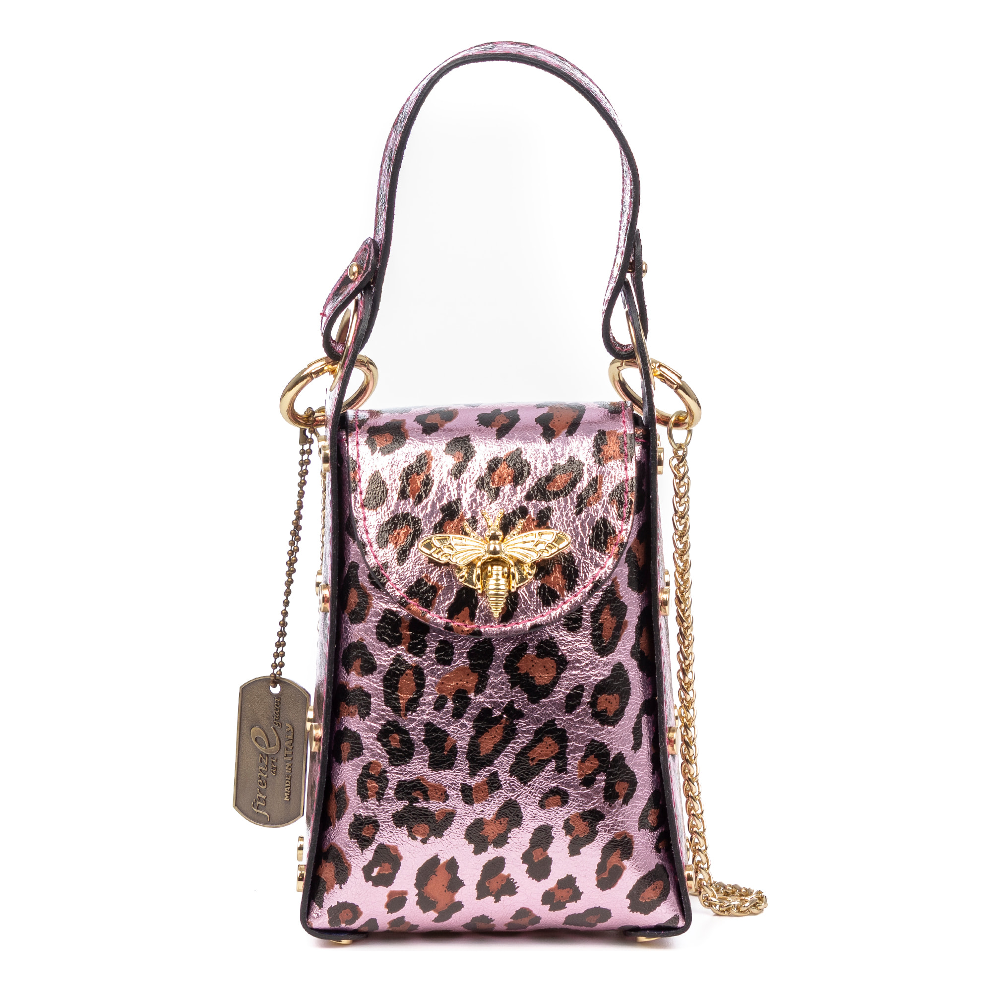 Alviano bolso de mano mujer. Piel auténtica Gamuza con estampado animal print leopardo lacada brillante.