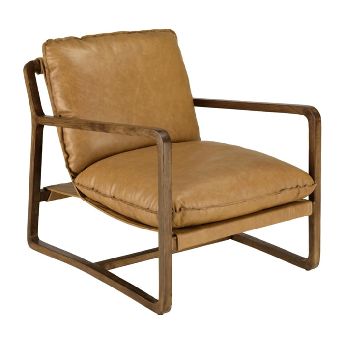GASTON - Fauteuil incliné vintage cuir marron cognac, structure en bois