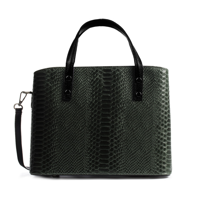 FIRENZE ARTEGIANI Borsa Tote Vittoria da Donna. Vera Pelle Scamosciata Incisione Serpente Made in Italy 32x14x25 Cm. Colore: verde scuro