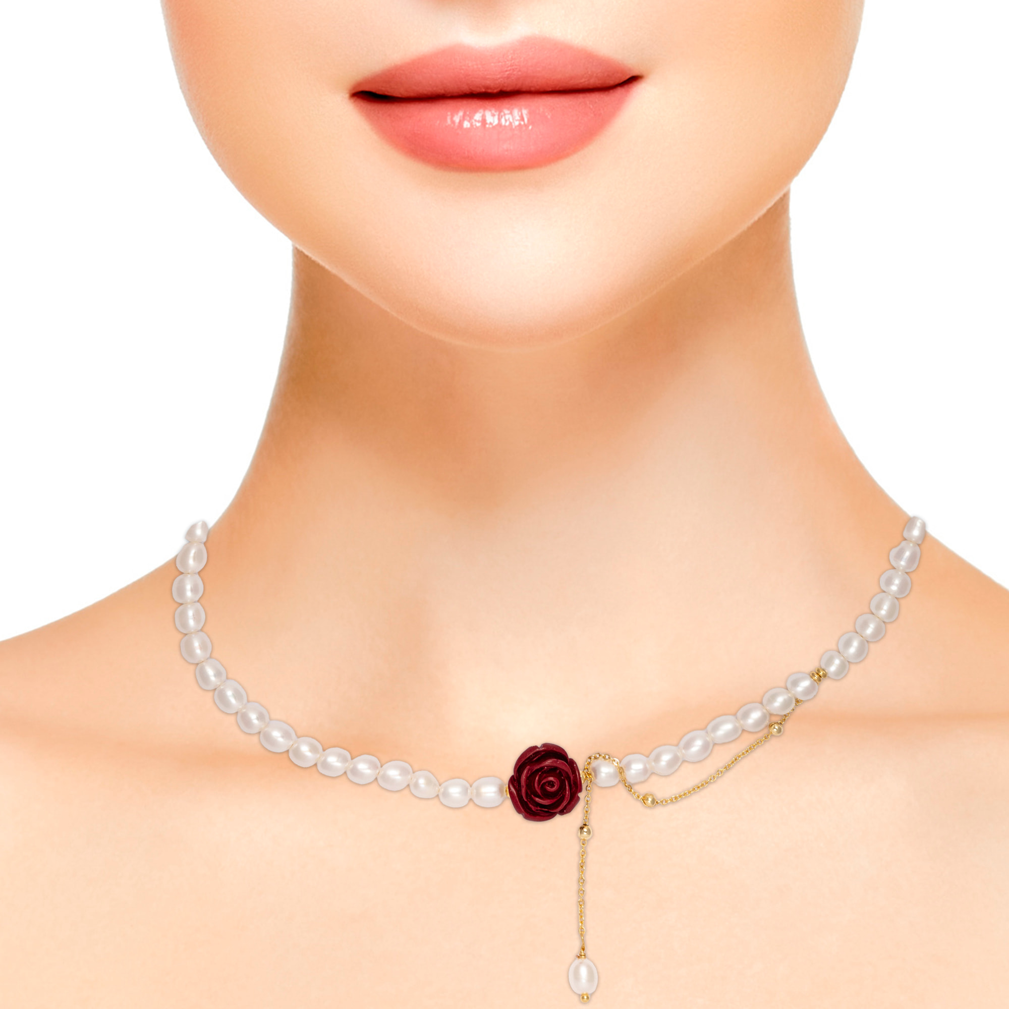 Venere Collar de perlas naturales con adorno central de cinabrio y diseño de rosa, con cierre de mosquetón.
