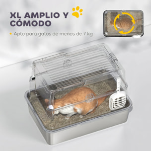 PawHut Arenero para Gatos de Acero Inoxidable XL, Caja de Arena Cerrada para Gatos Grandes, Arenero Extragrande con Tapa Abatible, Borde Alto, Pala, Fácil de Limpiar, Antifugas, Gris Claro