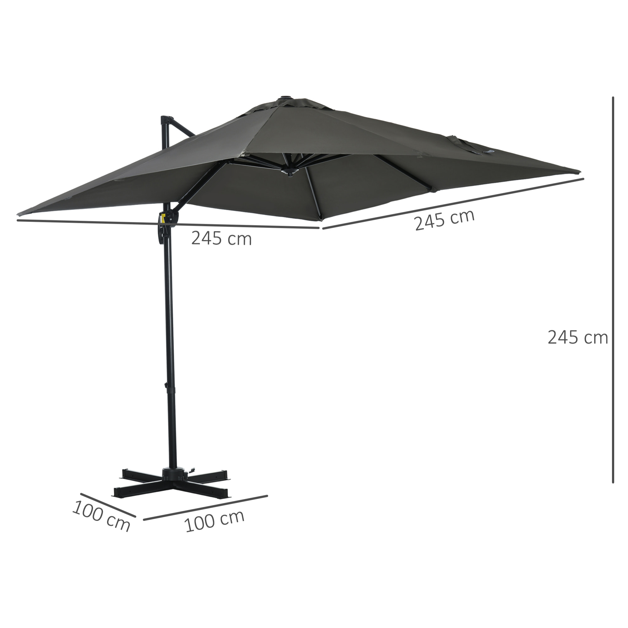 Sombrilla de Jardín de Aluminio 245x245x245 cm Parasol Excéntrico con Manivela Giratorio 360° Inclinación de 3 Niveles Tela Desmontable Gris