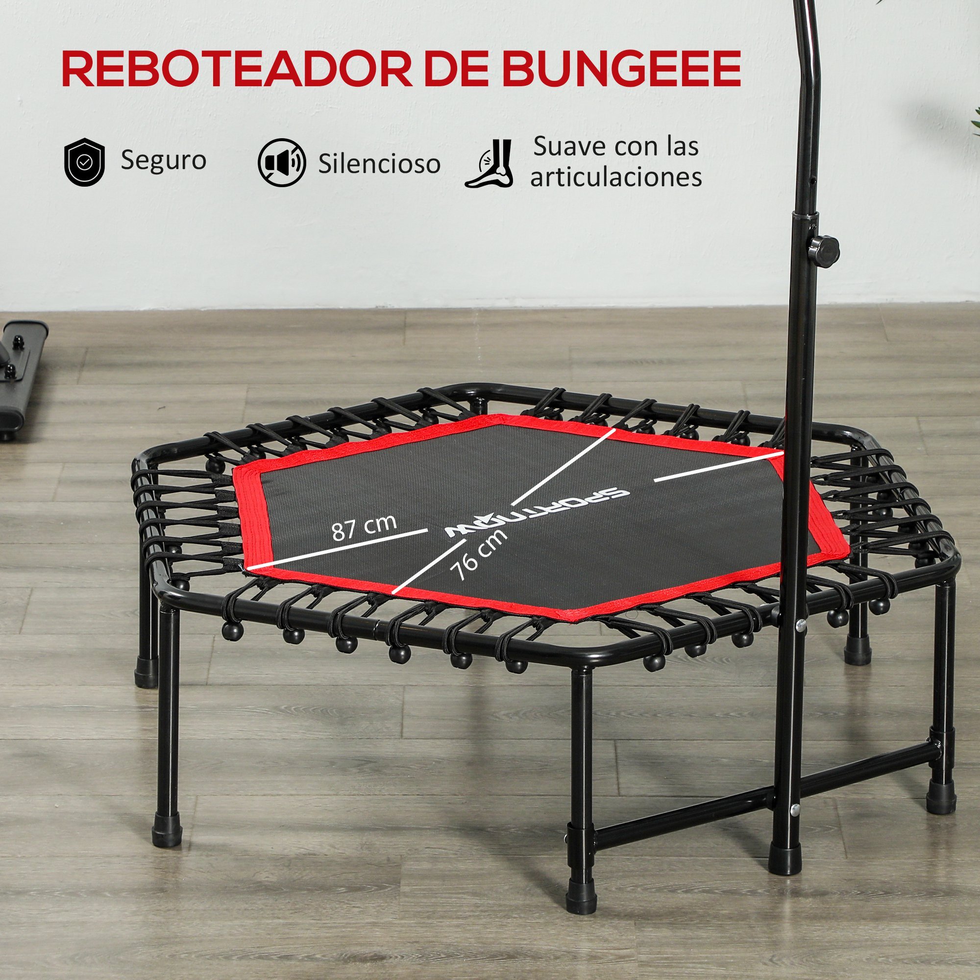 Trampolín de Fitness 114x114x132 cm Cama Elástica Fitness con Mango Ajustable de 3 Niveles Marco de Acero para Entrenamiento Piernas Cuerpo en Hogar Oficina Gimnasio Rojo
