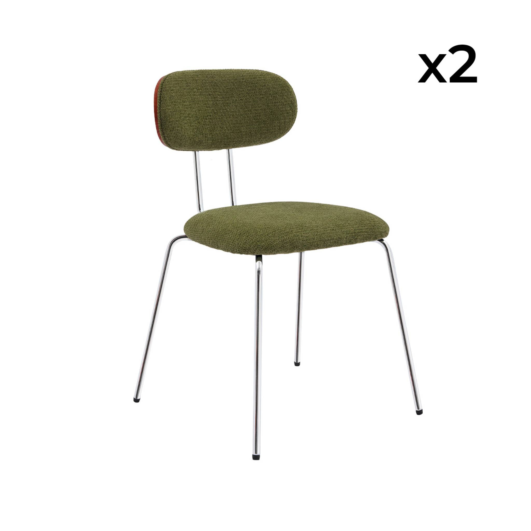 2 chaises décor bois courbé teinté noyer et tissu déperlant kaki. pieds métal chromé - L 45 x P 55 x H 80cm - Erin