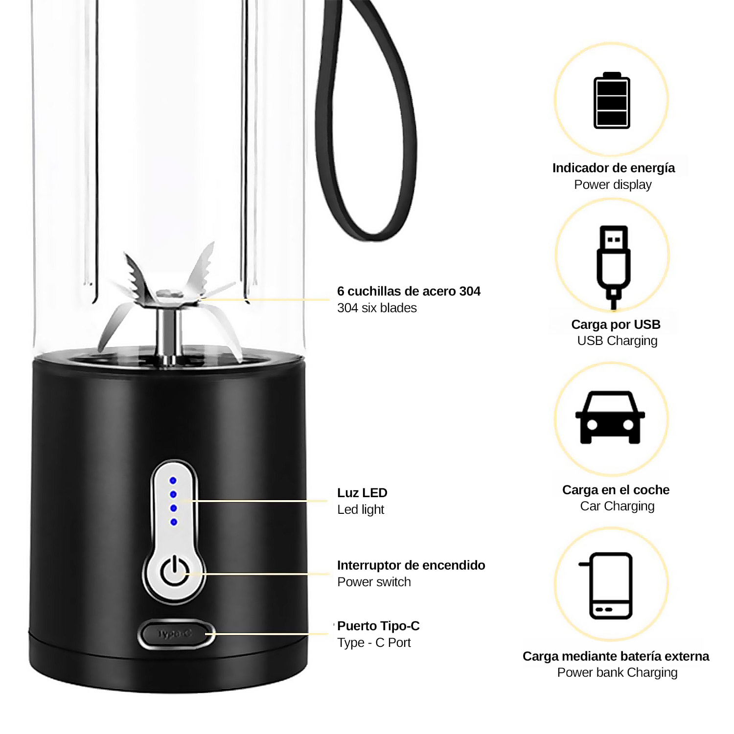 Batidora portátil HD-05 de 420 ml con potente motor de 240W, con batería recargable de 4000mAh.