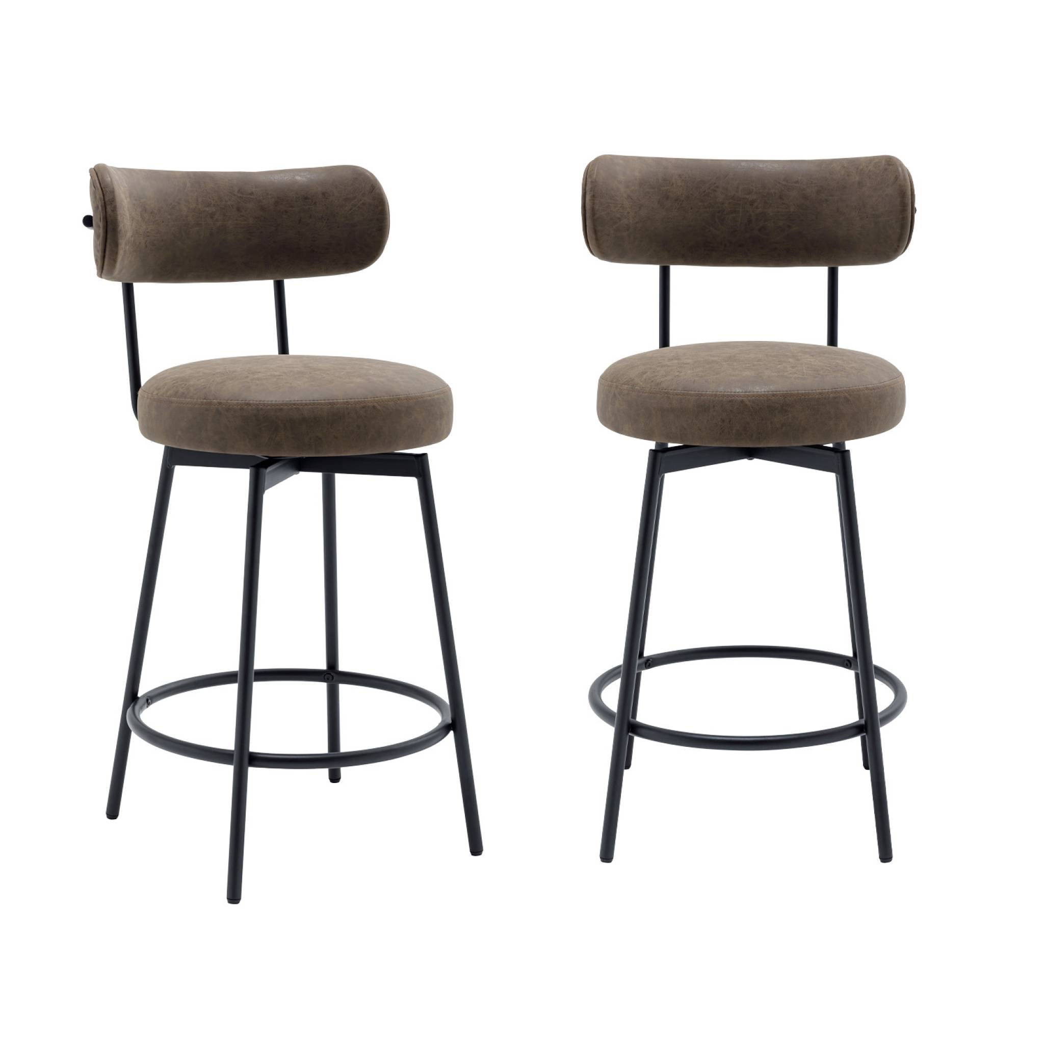 Lot de deux tabourets de bar assise rotative métal noir et simili cuir marron - L 50 x P 50 x H 92cm - Iris