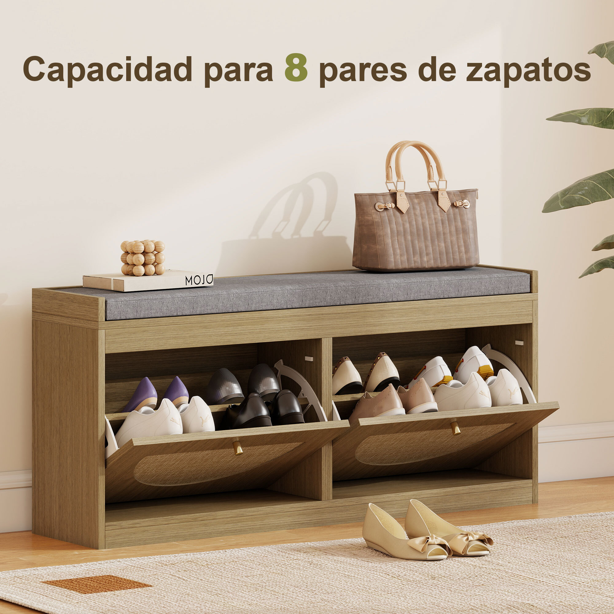 Banco Zapatero, Banco Recibidor Bohemio, con Asiento Acolchado, Puertas Frentes de Ratán, Estante Ajustable, para 8 Pares de Zapatos, para Entrada, 105x35x47 cm, Natural