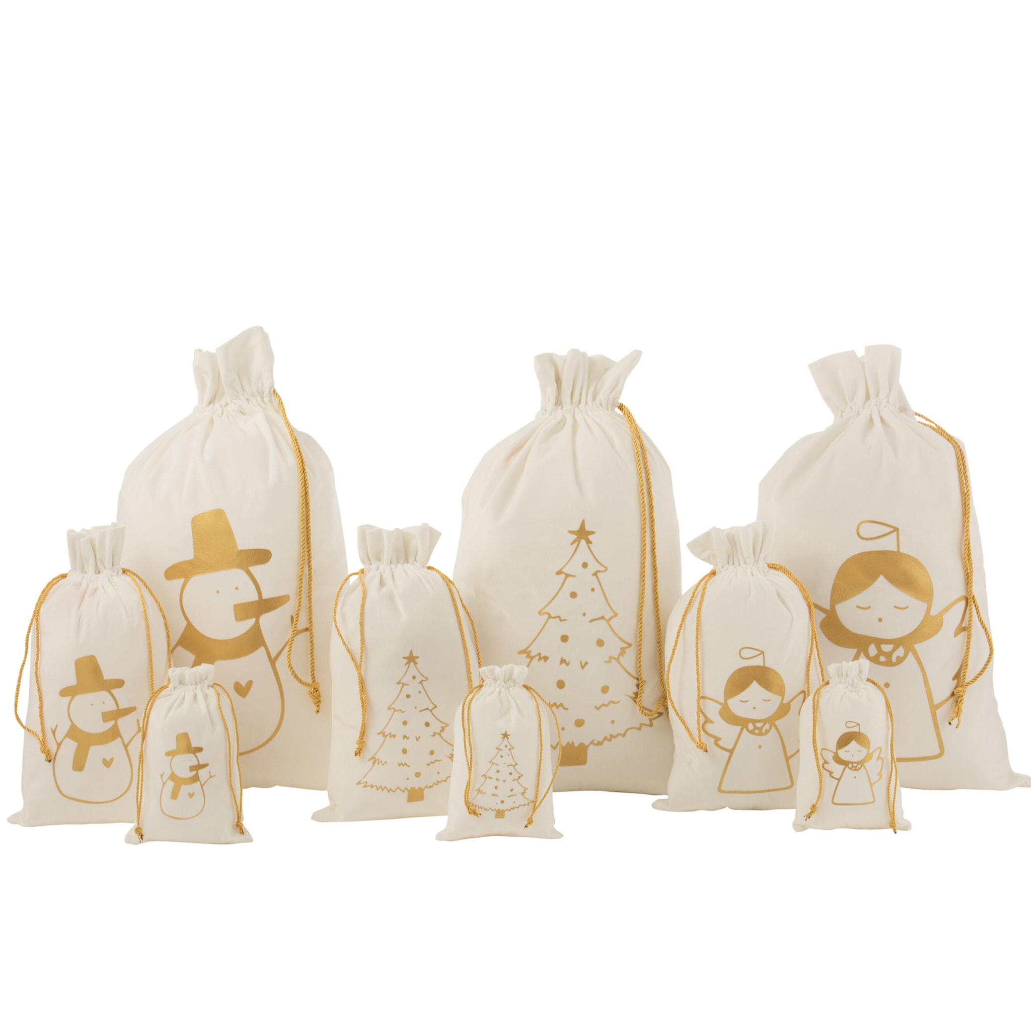 J-Line Sac Noel Ange/Sapin De Noel/Bonhomme De Neige Velours Blanc/Or Large Assortiment De 3