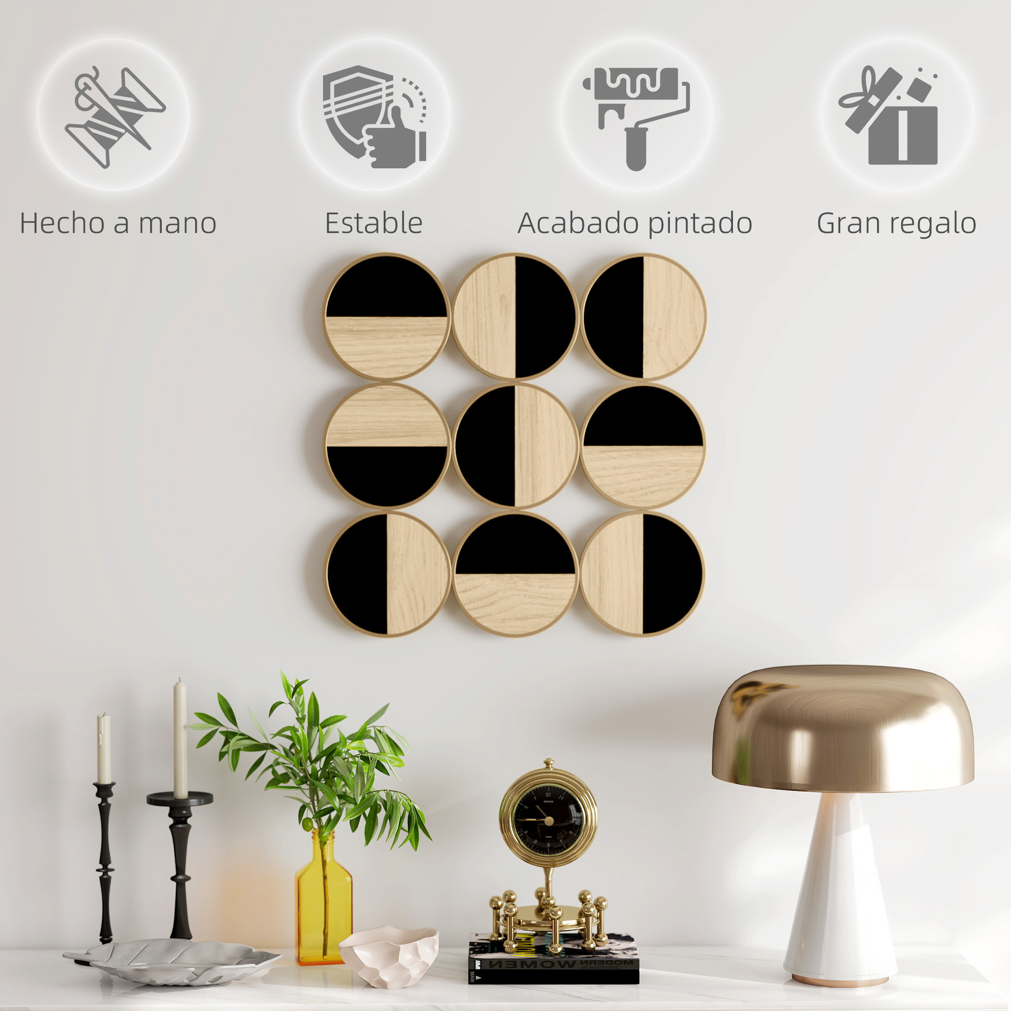 Cuadro Decorativo de Pared Geométrico, Adorno Moderno 3D de 60x60 cm, Escultura de Pared con Espejo de Plástico, Marco Metálico, para Salón, Dormitorio, Pasillo, Negro y Madera Natural