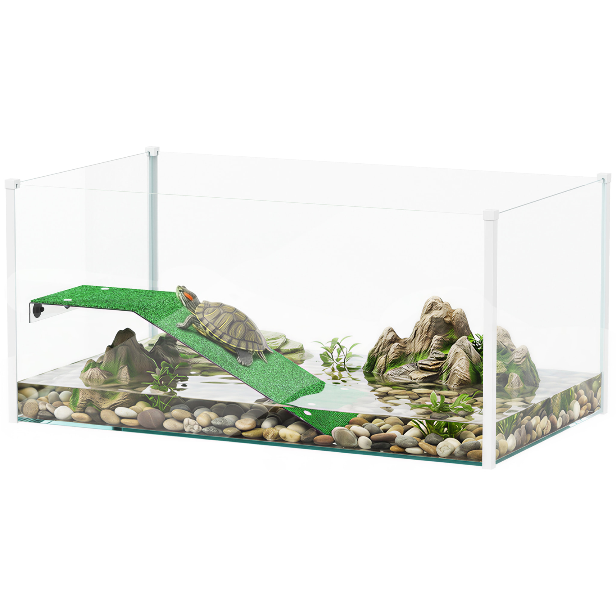 Acuario para Tortugas, Terrario de Tortugas con Plataforma y Rampa con Superficie de Césped Artificial, Vista Panorámica 360°, para Peces Pequeños, Camarones, 60x35x28 cm, Blanco