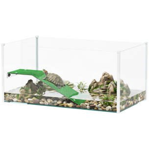 Acuario para Tortugas, Terrario de Tortugas con Plataforma y Rampa con Superficie de Césped Artificial, Vista Panorámica 360°, para Peces Pequeños, Camarones, 60x35x28 cm, Blanco