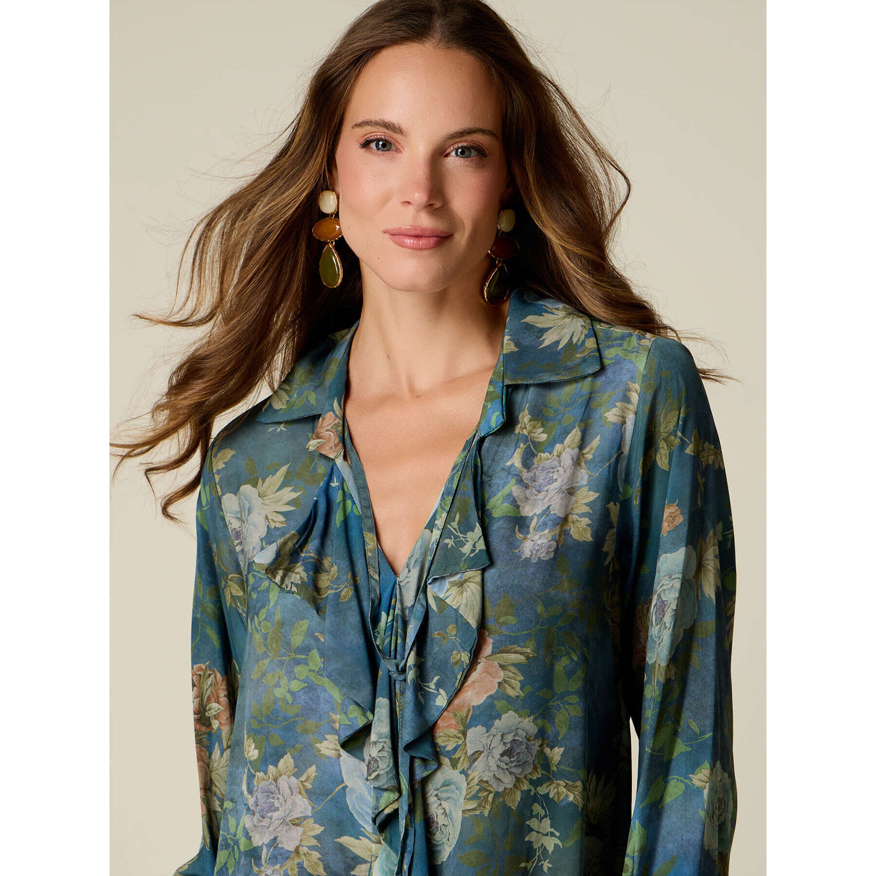 Oltre - Blusa fantasia con volant - Blu