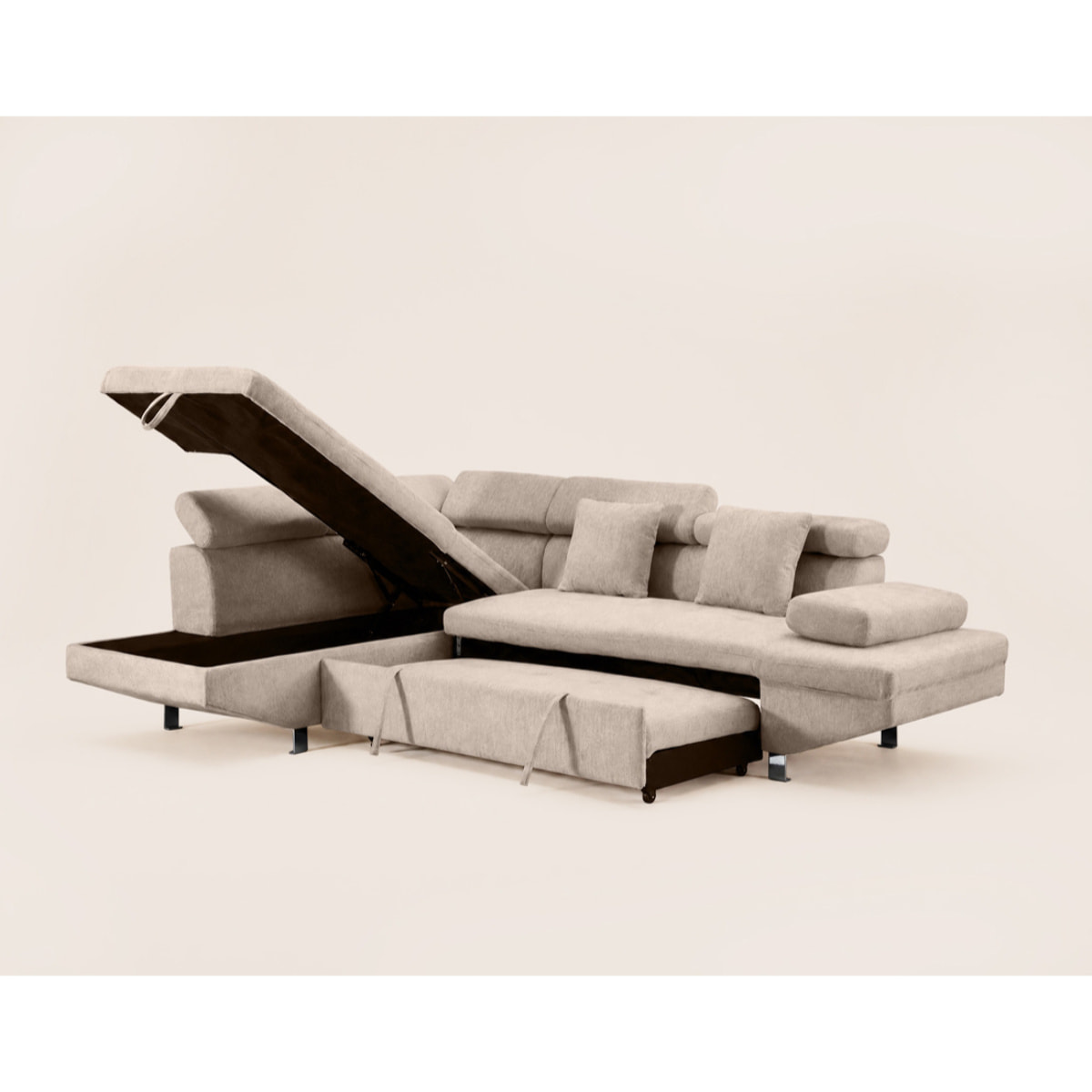 Margaux - Canapé d'angle gauche 5 places convertible avec coffre et têtières réglables en velours texturé - Beige