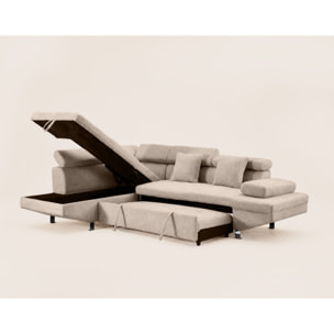 Margaux - Canapé d'angle gauche 5 places convertible avec coffre et têtières réglables en velours texturé - Beige