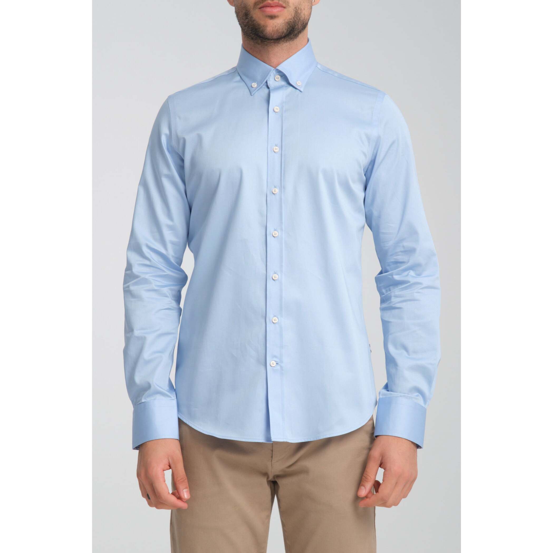 camicia uomo 1 bottone button down slim Satin Unito Celeste