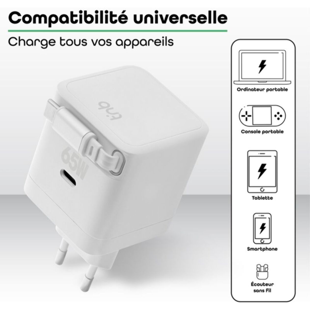 Chargeur + câble TNB GAN USB-C charge rapide + cable 70cm