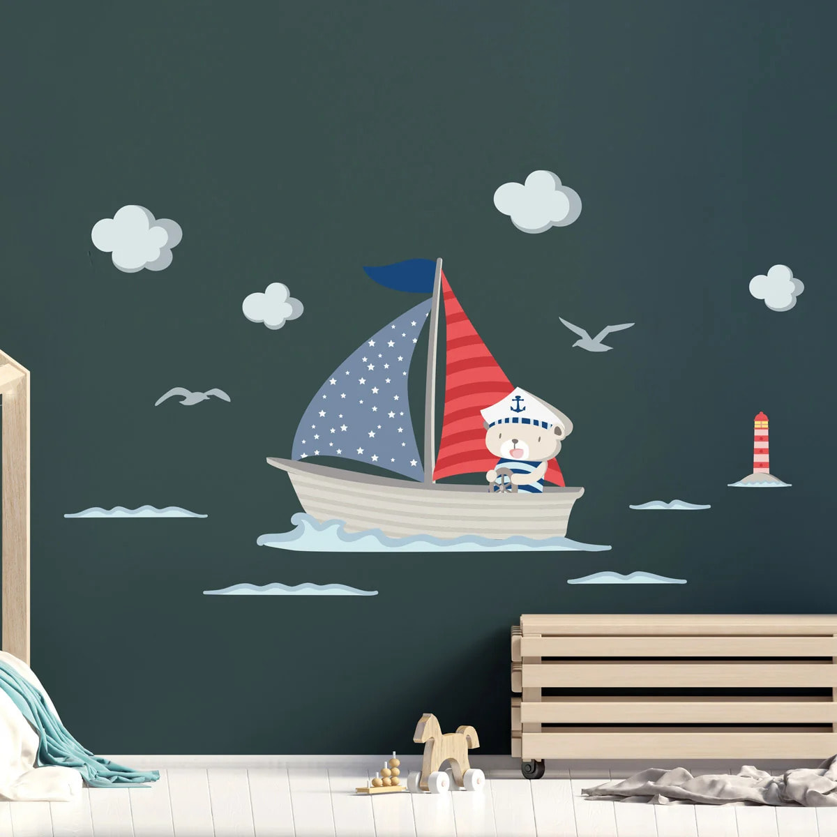 Sticker mural - Ambiance Sticker - OURSON CAPITAINE DE BATEAU - 100x120cm