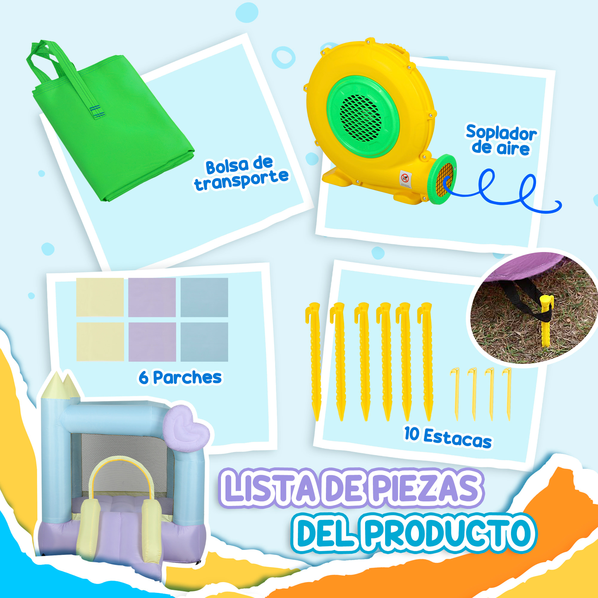 Castillo Hinchable con Soplador Castillo Inflable para Niños de 3-8 Años con Tobogán Área de Salto y Bolsa de Transporte para Interior y Exterior Multicolor