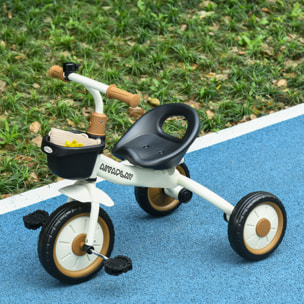 Tricycle enfant multi-équipé garde-boue sonnette panier pédales antidérapantes siège réglable avec dossier métal blanc