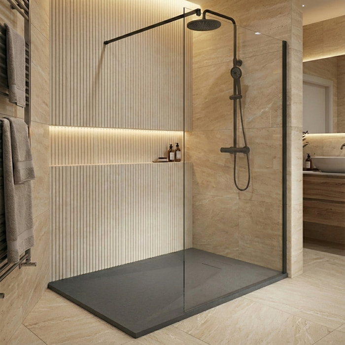 Essential 120x90 cm receveur de douche rectangulaire à poser SMC avec surface effet pierre, gris foncé (CERAES12090DG)