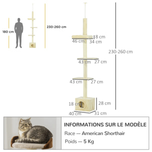 Arbre à chat hauteur réglable 230-260 cm - niche, 3 plateformes - douce peluche courte beige