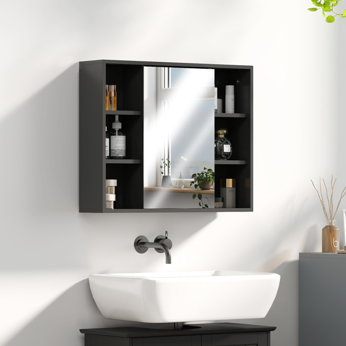 Miroir de salle de bain avec placard et étagères - 4 étagères latérales + 2 étagères intérieures - MDF panneaux particules noir