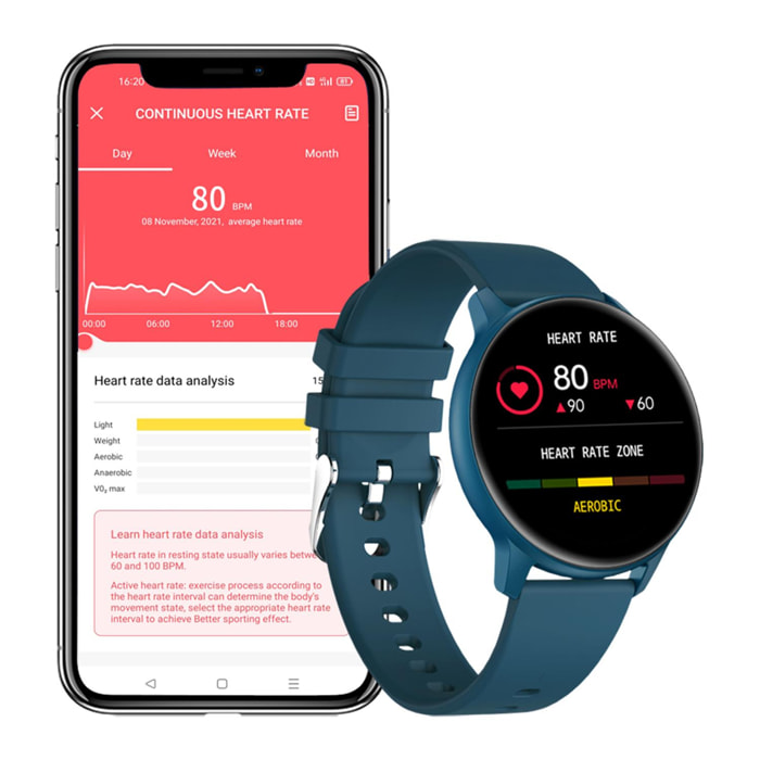 Smartwatch MX1. Con notificaciones, monitor cardiaco, de tensión y O2 en sangre, modos deportivos. Sumergible.