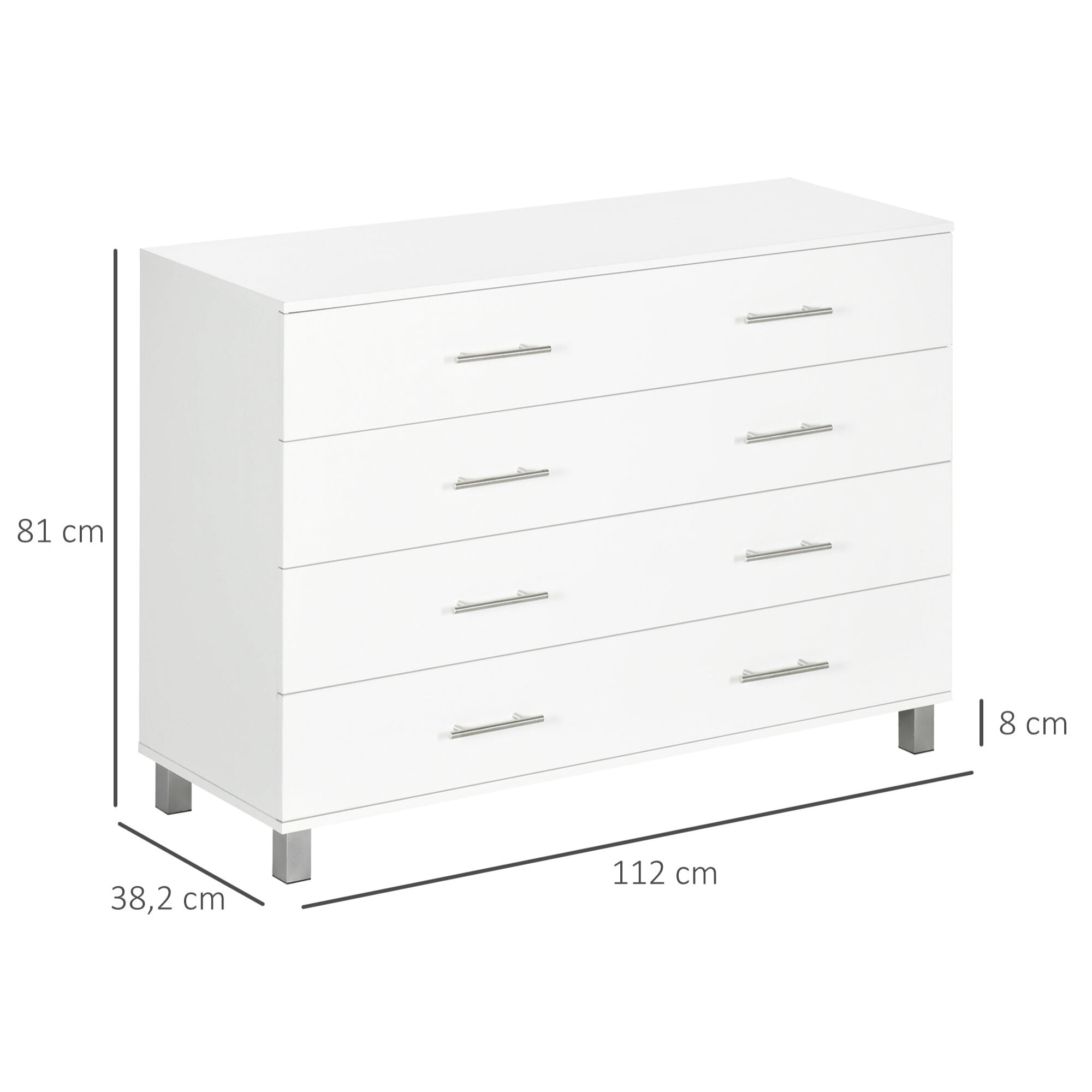 HOMCOM Cómoda con 4 Cajones Cómoda de Dormitorio de Madera con Patas Cómoda de Noche Moderno para Salón Oficina Entrada 112x38,2x81 cm Blanco