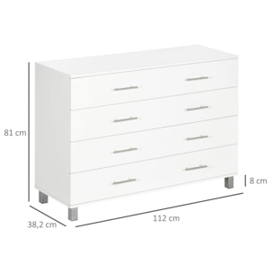 HOMCOM Cómoda con 4 Cajones Cómoda de Dormitorio de Madera con Patas Cómoda de Noche Moderno para Salón Oficina Entrada 112x38,2x81 cm Blanco